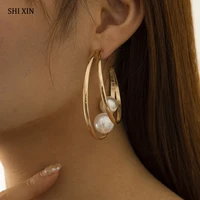 shixin elegant pearl big hoop earrings for women vintage fashion gold color round earrings circle earrings wedding jewelry 2021
