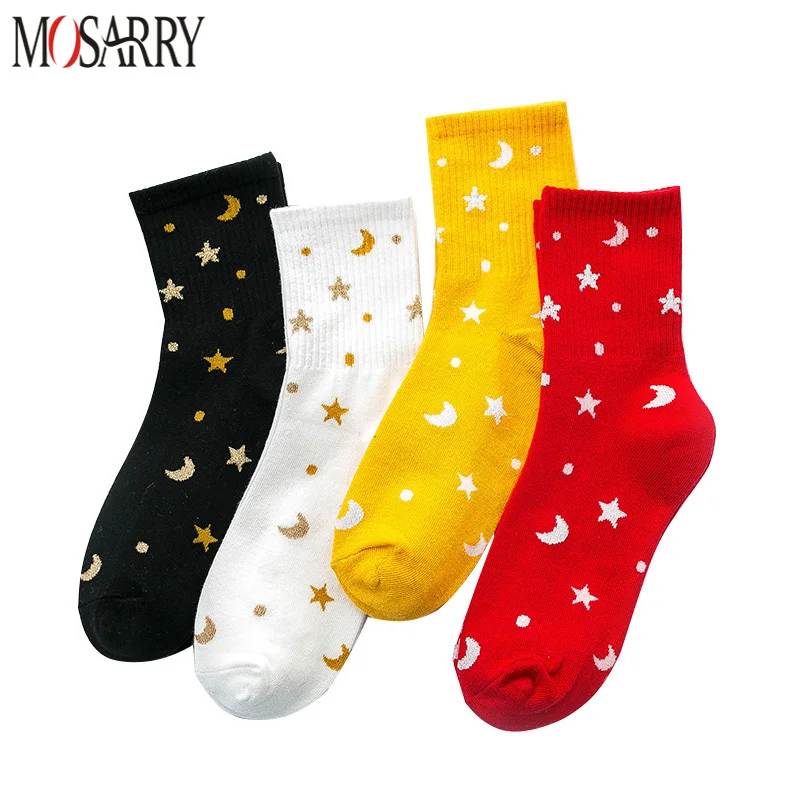 

3 Pairs/Set Starry Sky Moon Star Embroidery Funny Socks for Women Cartoon Casual Korean Style Kawaii Female Cotton Socks