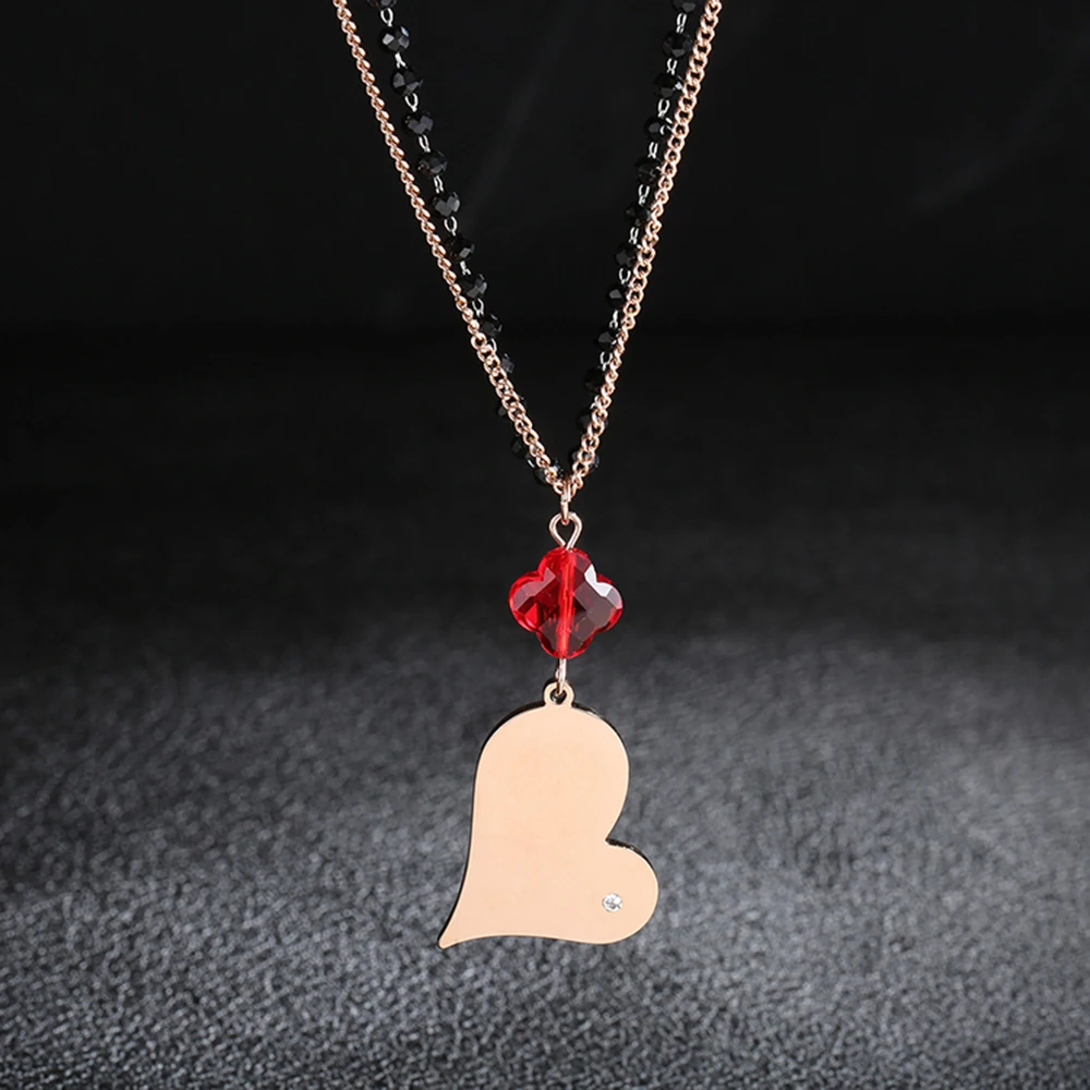 Цвета розового золота с сердечками красный клевер кулон ожерелье для женщин