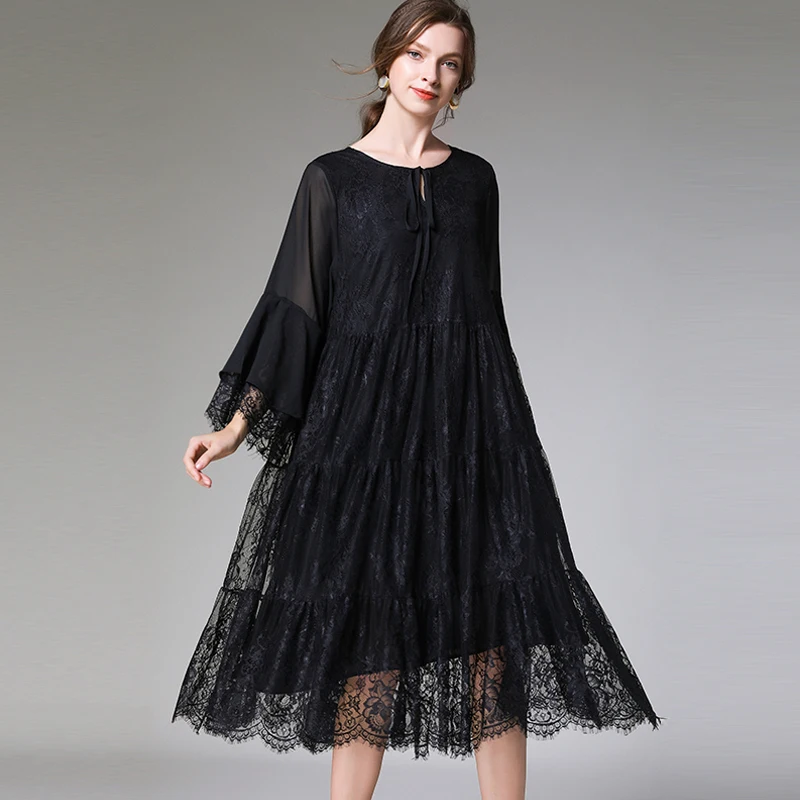 Весеннее Модное Элегантное кружевное длинное платье с расклешенными рукавами