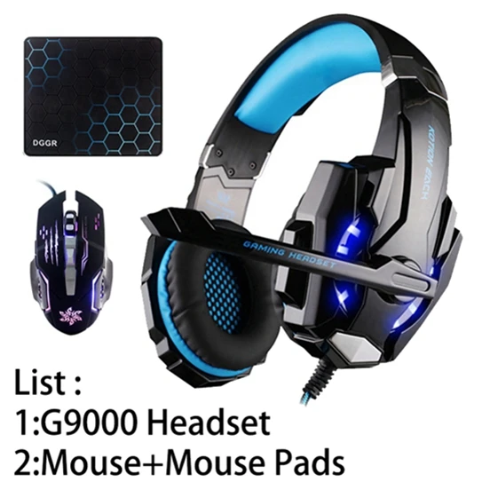 BLUE G9000 Mouse KOTION каждый шлем светодиодный свет Игровые наушники с микрофоном для компьютера стерео гарнитура ПК и игровая мышь мыши колодки - Цвет: BLUE G9000 Mouse