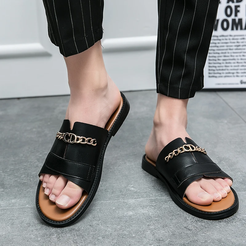 

Original Men Summer Slippers Black Men Slide Flip Flops Plus Size 47 48 Leather Slippers for Man Comfortable Casual Slippers Men