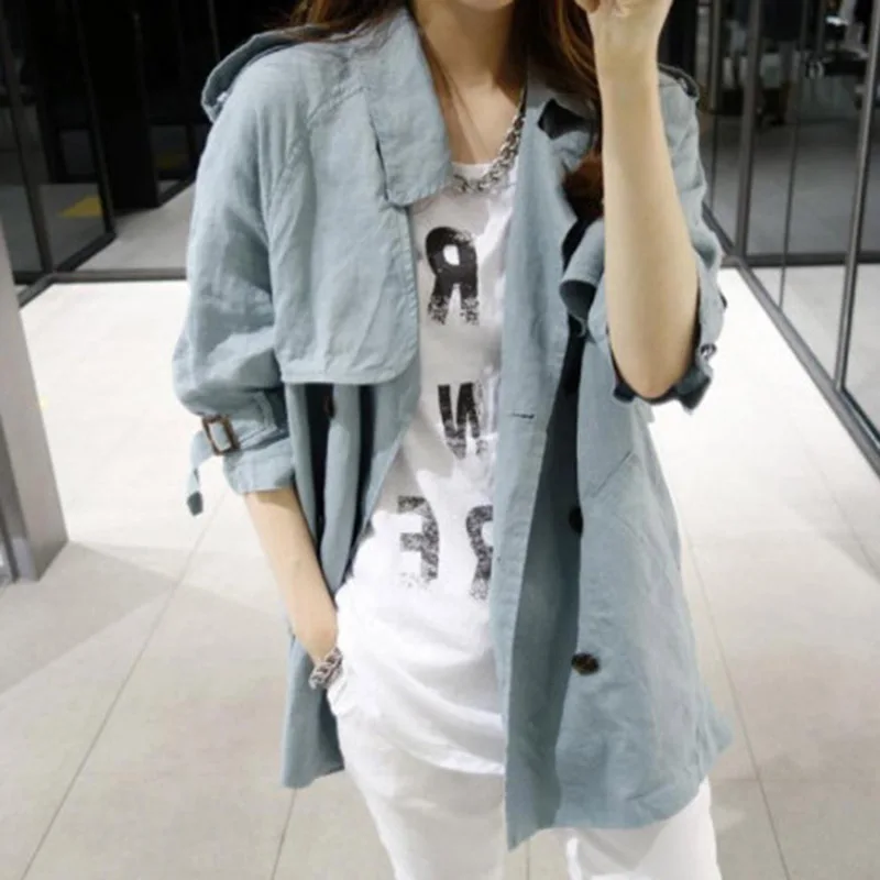

Women's windbreaker loose coats three quarter sleeve casual turn-down collar with pockets black thin coat jacket female outwear
