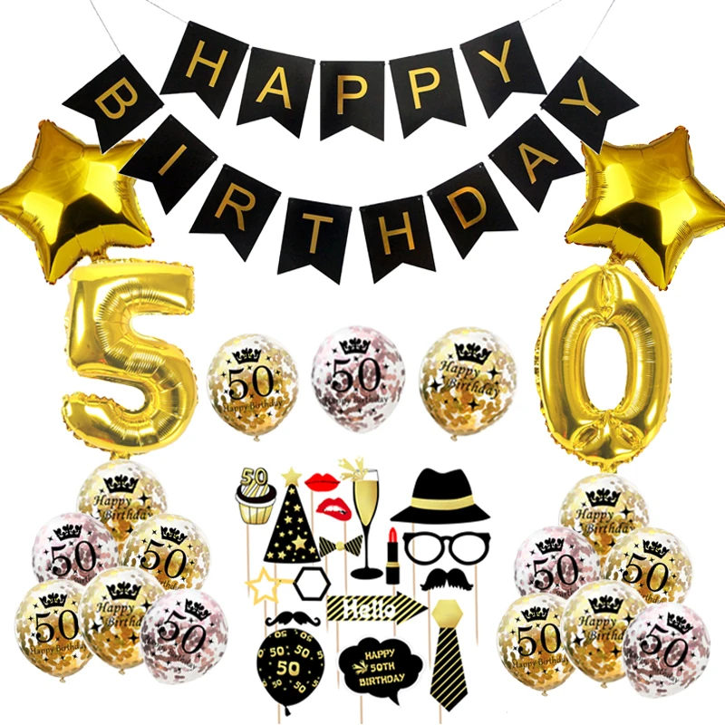 

ZLJQ Black Gold Adult Birthdy Party Balloon 30 40 50th Birthday Balloon Kit Happy Birthdy Banner Supplies