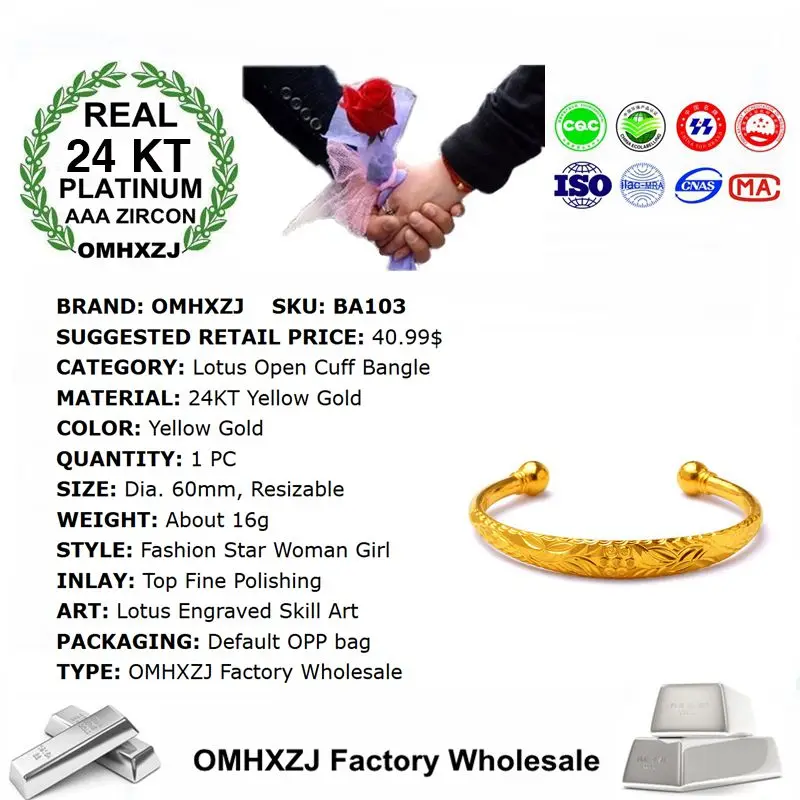OMHXZJ Wholesale European Fashion Woman Girl Party Wedding Gift Lotus Open 24KT Yellow Gold Cuff Bangle BA103 | Украшения и