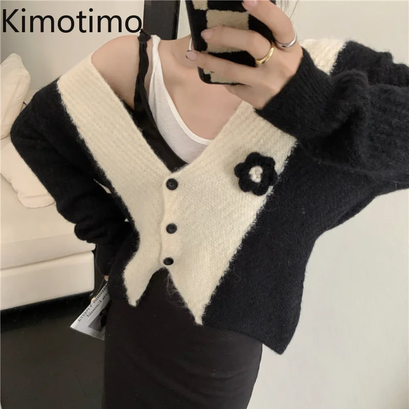 

Kimotimo свитер с цветными вставками Кардиган корейский шикарный темпераментный трехмерный цветочный V-образный вырез вязаное пальто Осенние ...