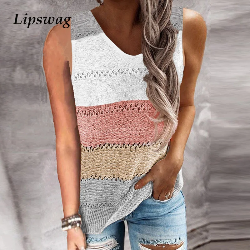 

Women Sexy V-neck Sleeveless Blouse Shirt 2021 Summer Stripe Print Patchwork Knitted Tops Casual Loose Streetwear Blusa Pullover