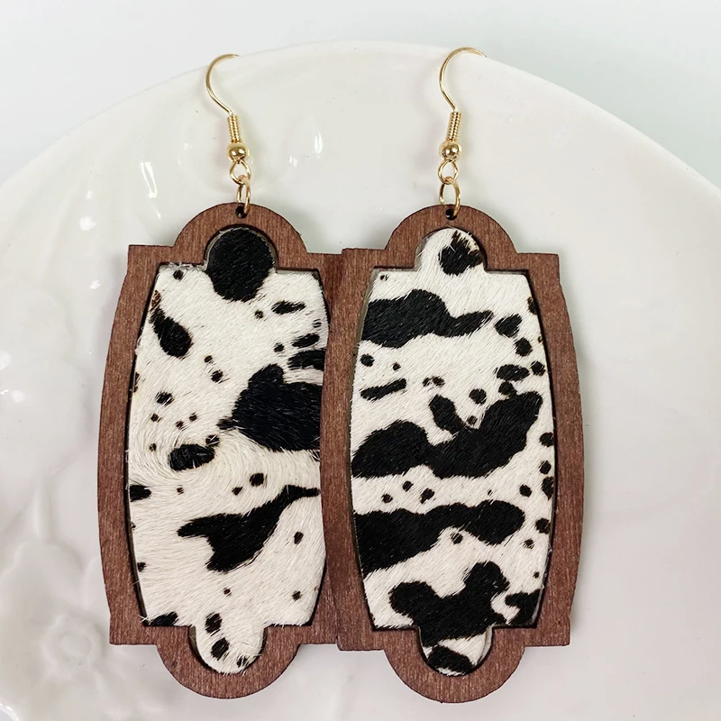 Cpop Wood Genuine Leather Earrings Horse Hair Golden Point Leopard Cow Color Pendant Dangle Texture Jewelry Gift | Украшения и