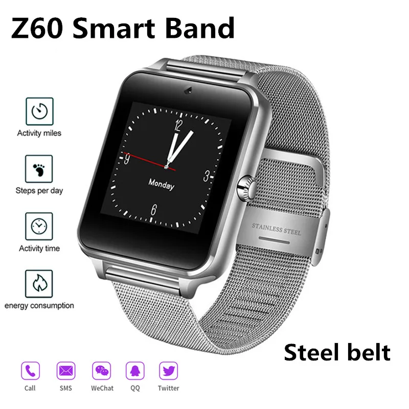 

Z60 Smart Watch Metal Strap Support Camera SIM TF Card Bluetooth Pedometer Compatible For Android PK Y1 DZ09 V8 smartwatch 2020