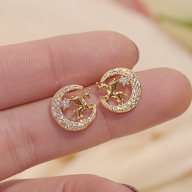 

YDL Romantic Cute Shine CZ Pegasus Unicorn Earring for Women 14K Real Gold AAA Cubic Zirconia Stud Earrings Pendant Gift