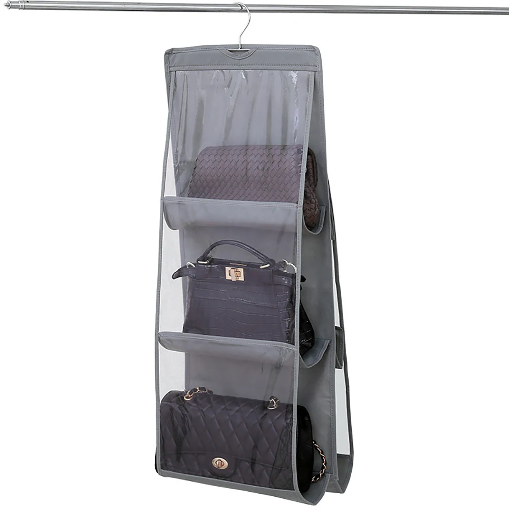 

Closet Hanging Organizer for Handbag Storage Bag Dual-Sided 6 Clear See-Through Pockets Wardrobe Storage Organization