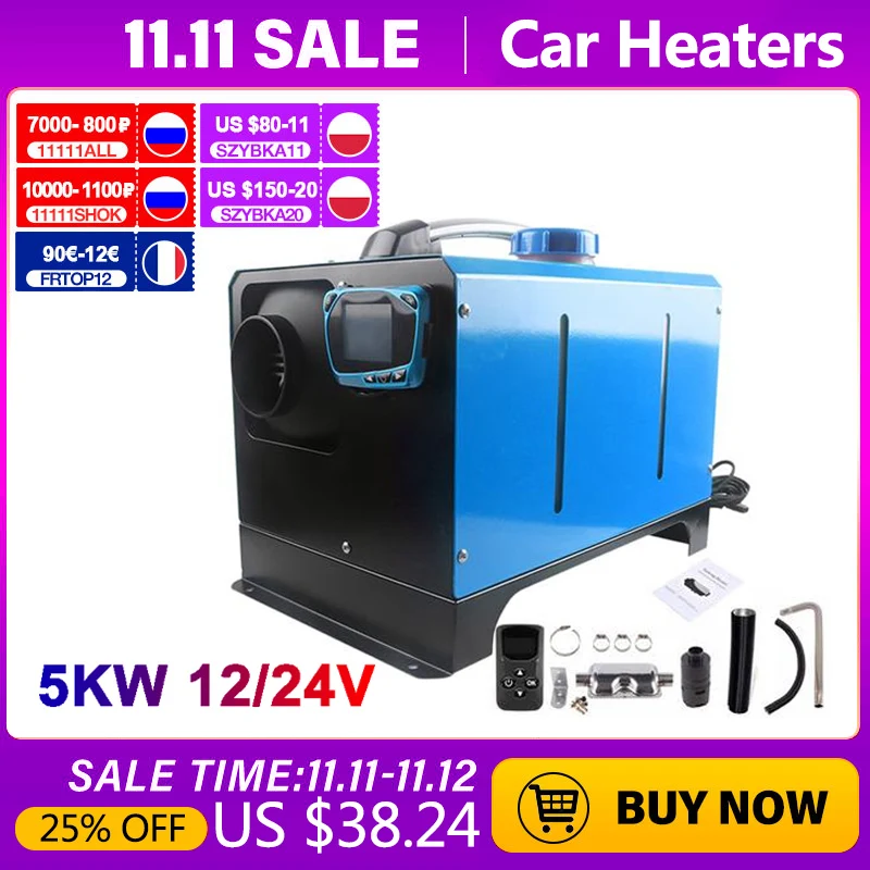 

12V/24V 5KW Car Heater Air Diesel Heater 1/4 Holes LCD Monitor Parking Heater with LCD Remote Control for Trucks Boats Bus