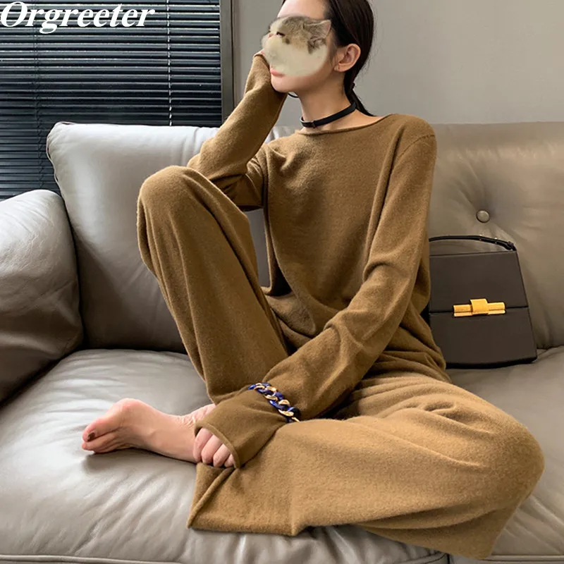 

Женский Повседневный трикотажный брючный костюм, Свободный пуловер, топ и брюки с широкими штанинами, комплект из 2 предметов, спортивный ко...