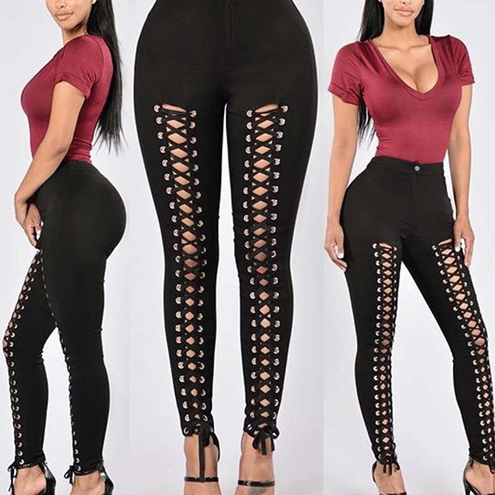 Fashion Women High Waist Pencil Leggings Stretchy Bandage Hollowed out Pants