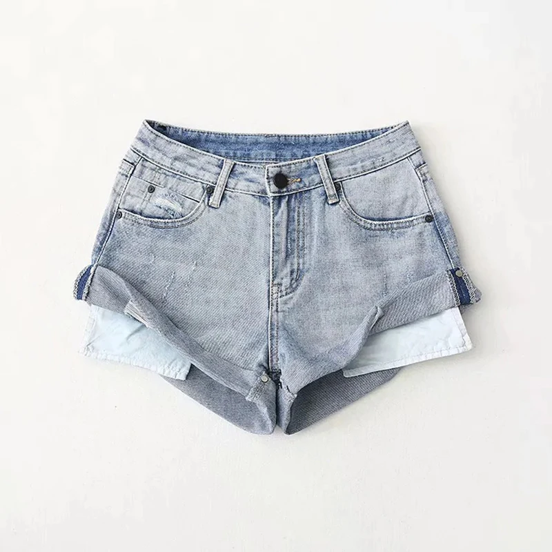 

CHICEVER Casual Solid Hole Denim Shorts For Women High Waist Asymmetrical Hem Straight Short Females Summer Clothing 2021 New