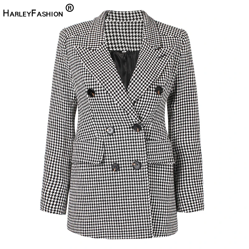 

HarleyFashion New Winter European Women Thick Tweed Fabric Black Houndstooth Pattern Slim OL Work Long Quality Blazer