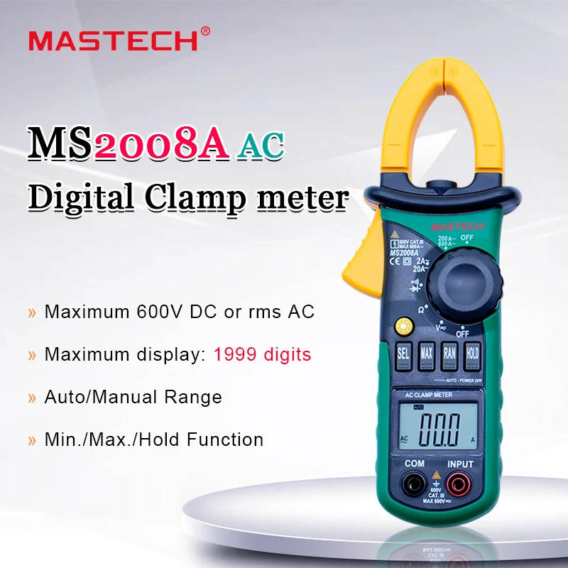 MASTECH MS2008A цифровые клещи Автоматический диапазон клещи Амперметр Вольтметр Омметр с ЖК-подсветкой