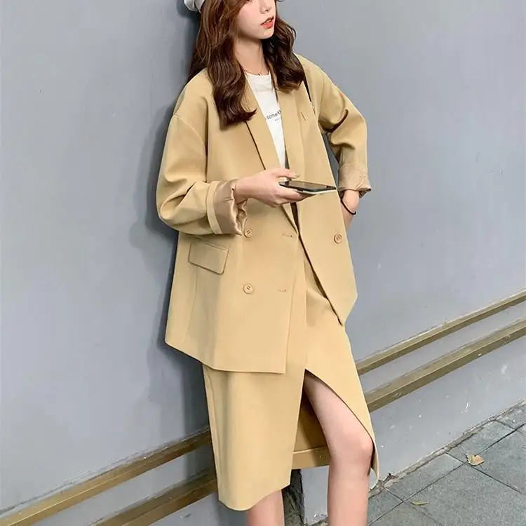 Элегантный отложной воротник куртка Высокая талия юбка костюм Женский Длинный
