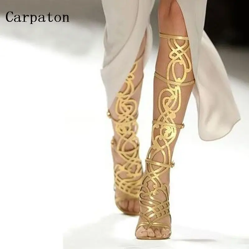 

Luxury Gold Metal Decoration Knee High Sandals Boots Cut-Out Open Toe Newest Fashion Summer Women Gladiator Party Dress Shoes