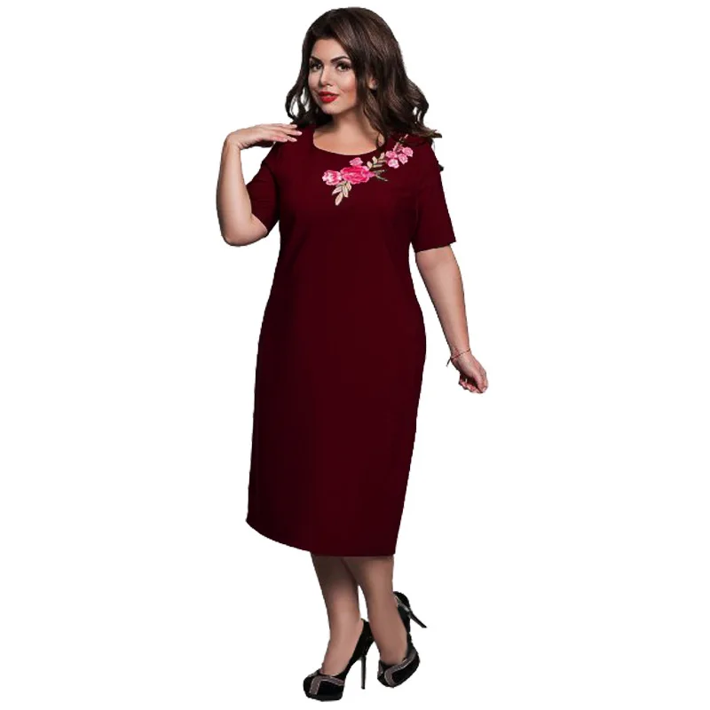 Elegant Embroidery Dresses 6XL Women Spring Summer Party Dress Plus Size Midi Straight Slim Red | Женская одежда