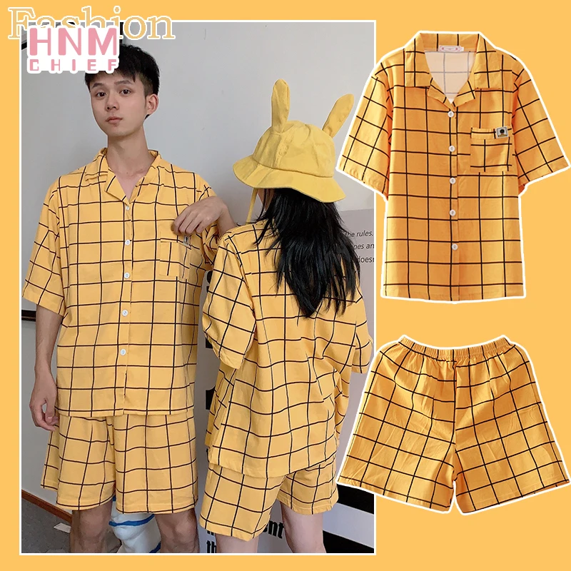 Women's Pyjamas Cute Lattice Print Pajama Sets Summer Casual Short Sleeve Couple Sleepwear Thin Cotton Home Maiden 2-piece Set