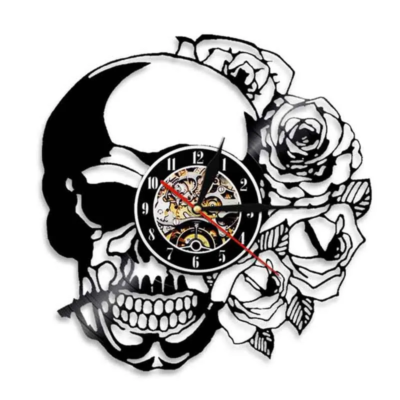 

Tattoo Skull with Rose Wall Art Wall Clock Skeleton Skull Thorn Roses Vinyl Record Wall Clock Gothic Home Decor Wall Watch Clock