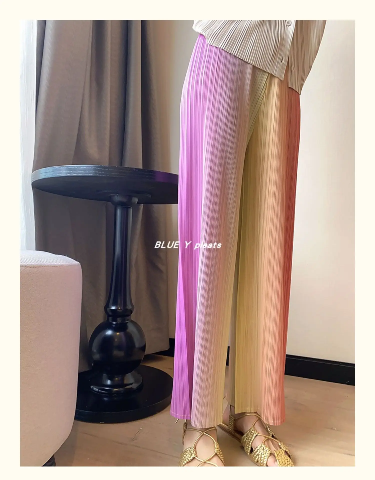 HOT SELLING miyake Fashion  pleated Medieval rainbow gradient straight-leg pants IN STOCK