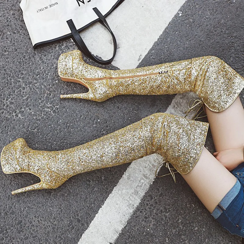 Новинка брендовые блестящие высокие сапоги до бедра женская обувь пикантные на