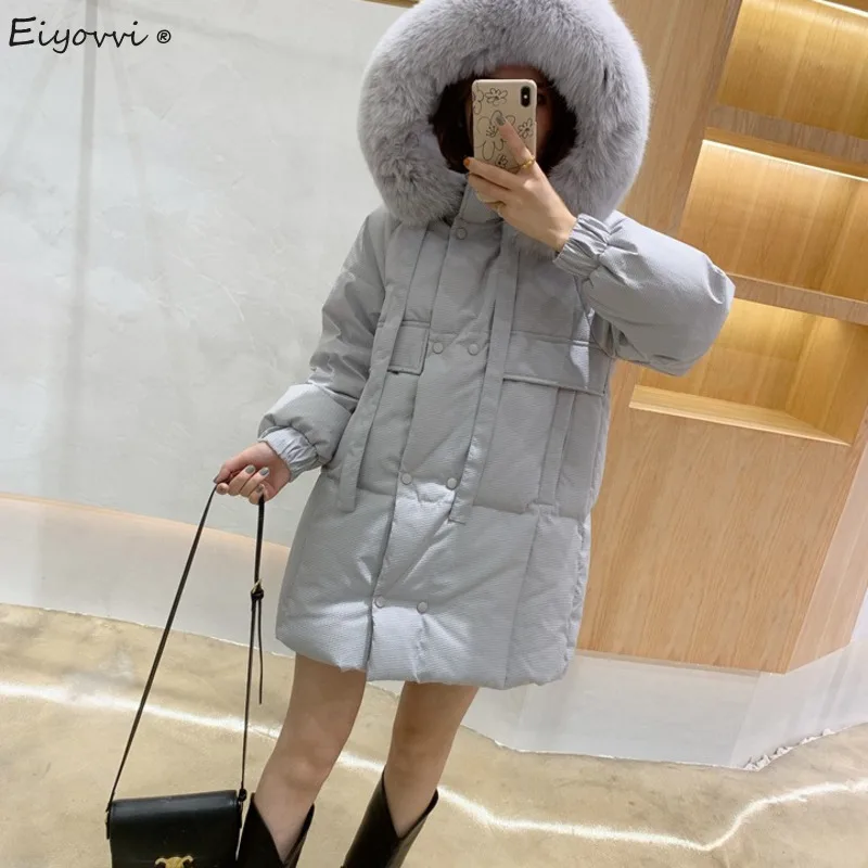 

2021 Winter New Down Jacket Women'sMedium Long Loose Thickened Large Real Fur Collar White Duck Down Coat Fashion Outerwear