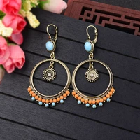 boho style earrings retro earring ethnic girl woman round wooden beads jeweled sun pendant jewelry accessories