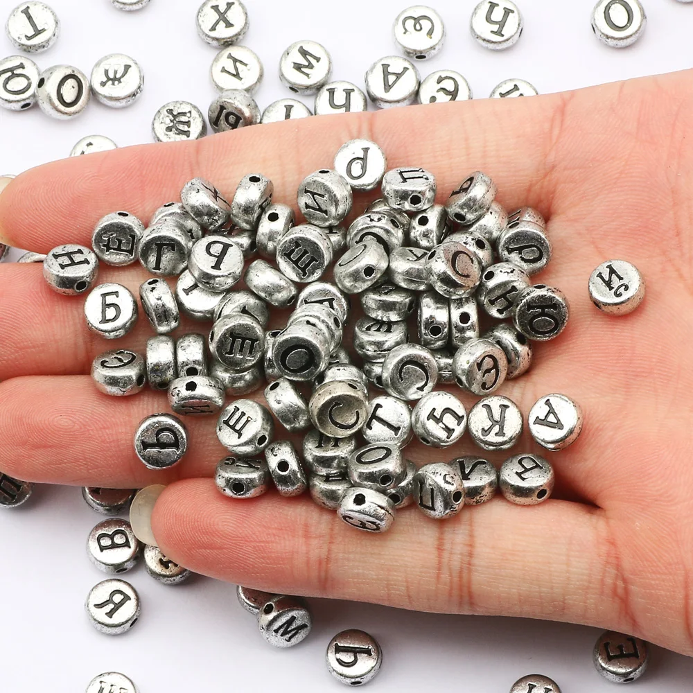 

New Silver Flat Round Acrylic Beads Black Russian Letter Loose Alphabet Beads For Jewelry Making Diy Bracelets Necklace Supplies