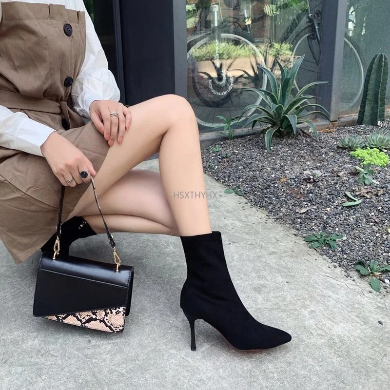 

Flock Stretch Sock Boots Women Chunky High Heels Zipper Botas Chic Pointed Toe Stiletto High Heels Chelsea Boots Women Shoes