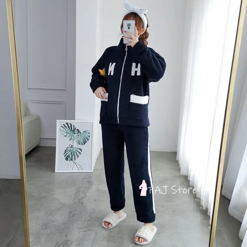 Женская Фланелевая пижама с капюшоном Теплый Бархатный пижамный комплект зима