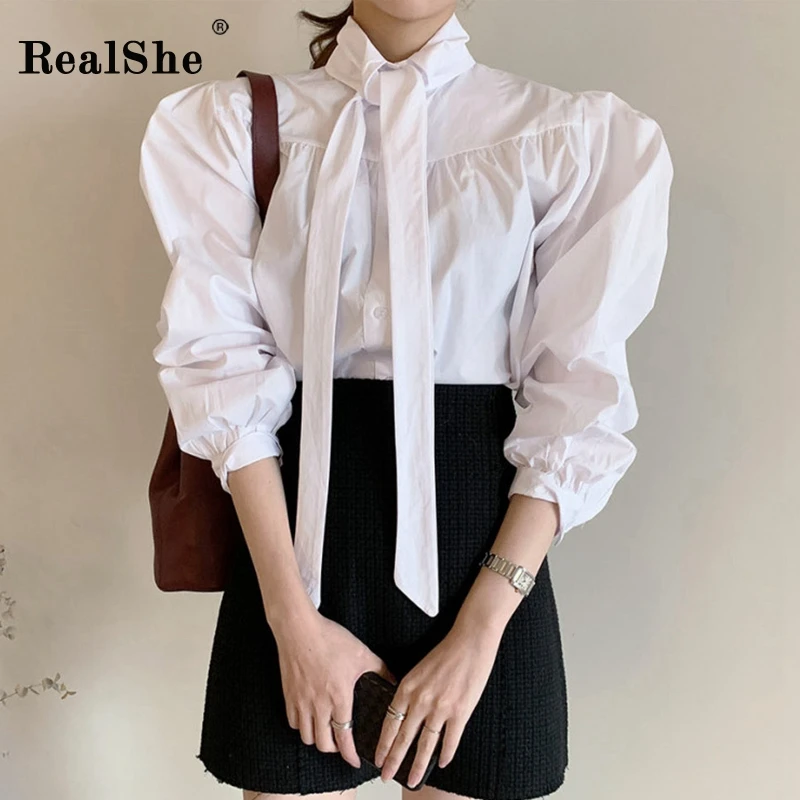 RealShe белая женская блузка со стоячим воротником и длинным пышным рукавом