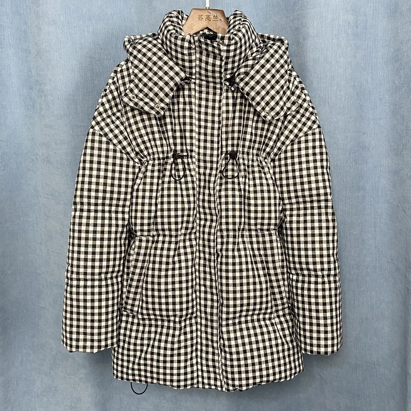 Winter 2021 New Black White Plaid Down Coat Women's Mid-Length Loose Thick Ehite Duck Down Jacket Fashion Drawstring Tide s1244