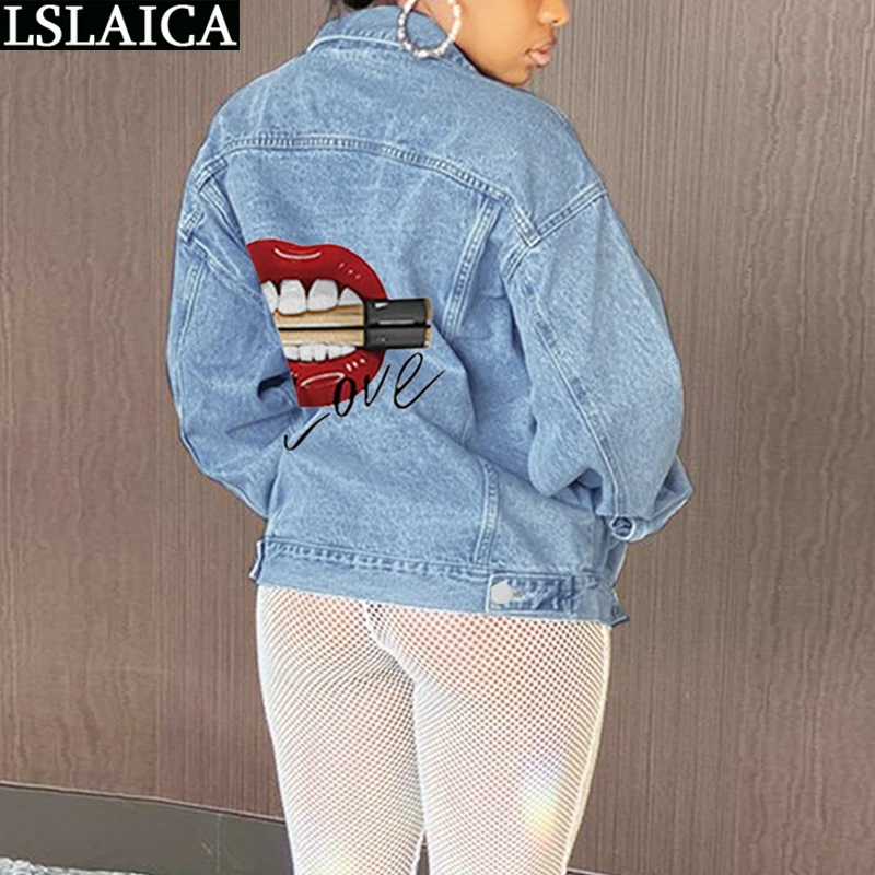 

Fashion Jeans Jacket Women Lips Pocket Turn Down Collar Denim Jacket Women All Match Streetwear Casual Slim Novelty Denim Jacket