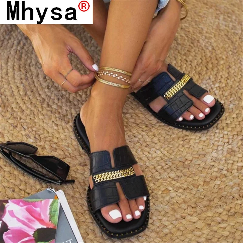 

Flat Beach Shoes Slippers Women's Metal Decoration Summer Women's Flat Shoes 2021 Casual Shoes Leather Slippers Women's Sandals