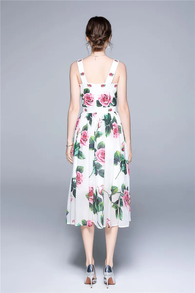 

Women Summer Designer Elegant Rose Floral Print Sexy Sleeveless Party Robe Female Vintage A-Line Casual Chiffon Dress Vestidos