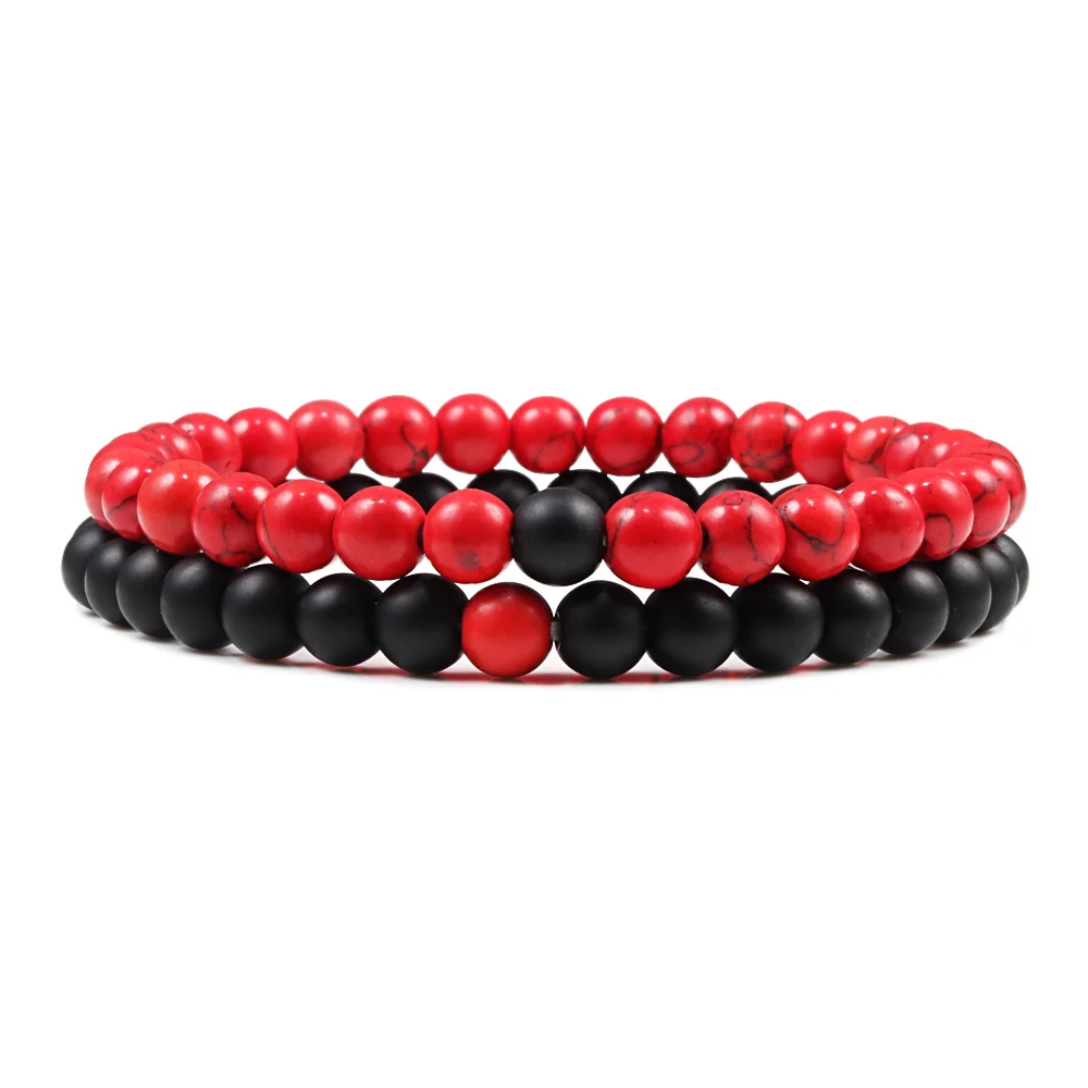 Red Black 6 мм 2 шт./компл. пара Для мужчин дистанционные браслеты Инь-Ян Натуральный камень нитка с бусинами тонкий браслет ювелирные женские браслеты подарок в едином положении во время занятий легкой атлетикой - Окраска металла: Red Black