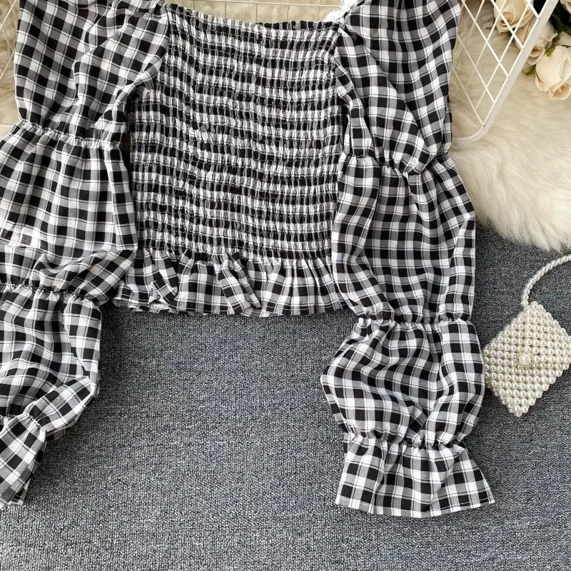 Женская клетчатая блузка в стиле ретро с кружевными вставками облегающие