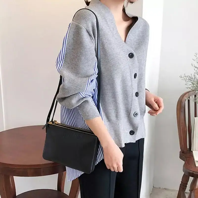 New Autumn Women's Sweaters Patchwork Srtiped Knitting V-Neck Cardigans Casual Single Breasted Loose Tops |