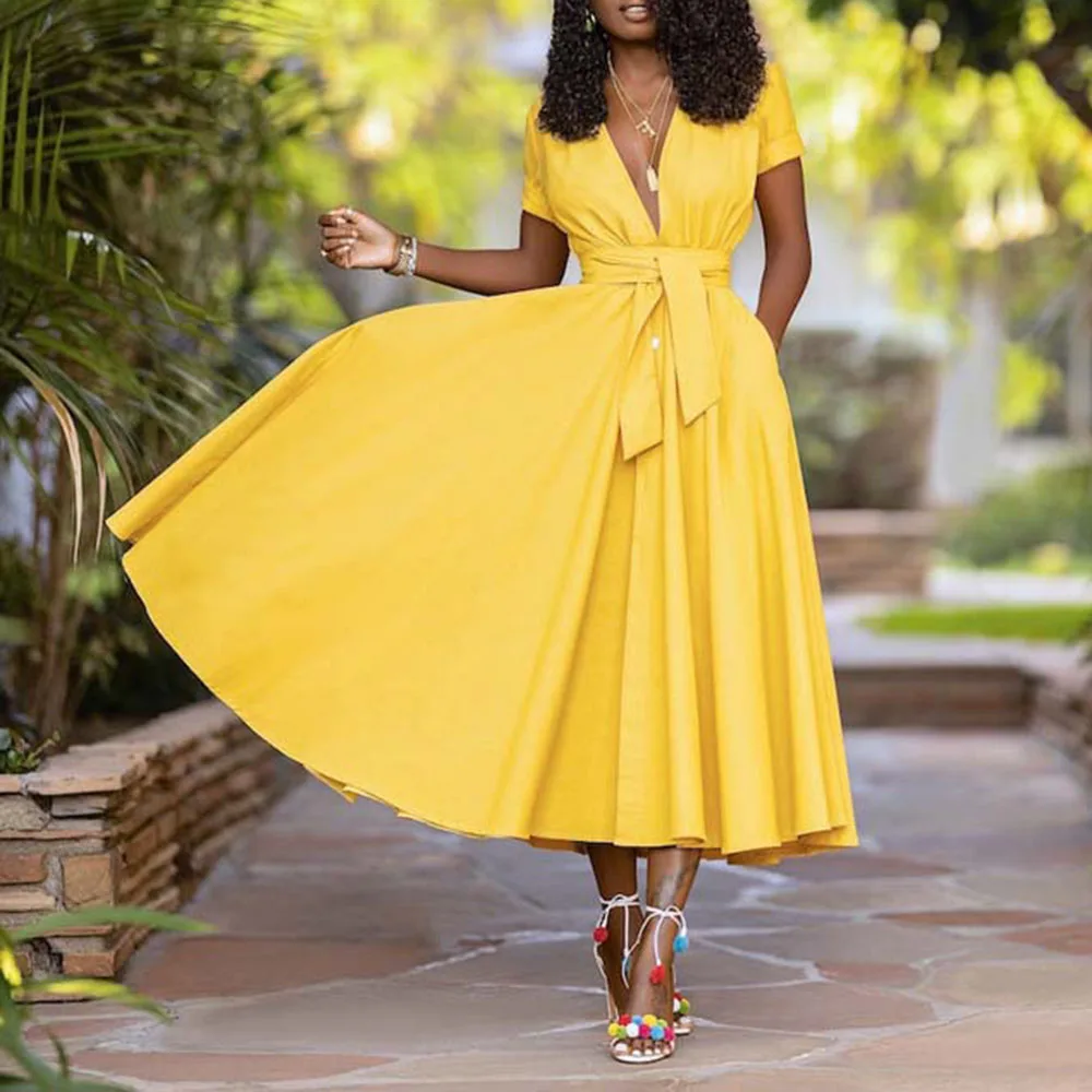 

Женское платье в западном стиле, длинное однотонное платье с V-образным вырезом, в африканском стиле, весна-лето 2021