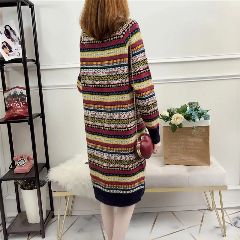 

Lazy Wind Turtleneck Long-sleeved Sweater Dress Female Ethnic Style Long Striped Knitted Bottoming Sweater Dress Pullover Women