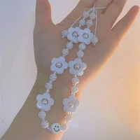 charming transparent round beads white flowers imitation pearl striped bead womens mobile phone anti lost lanyard chain jewelry