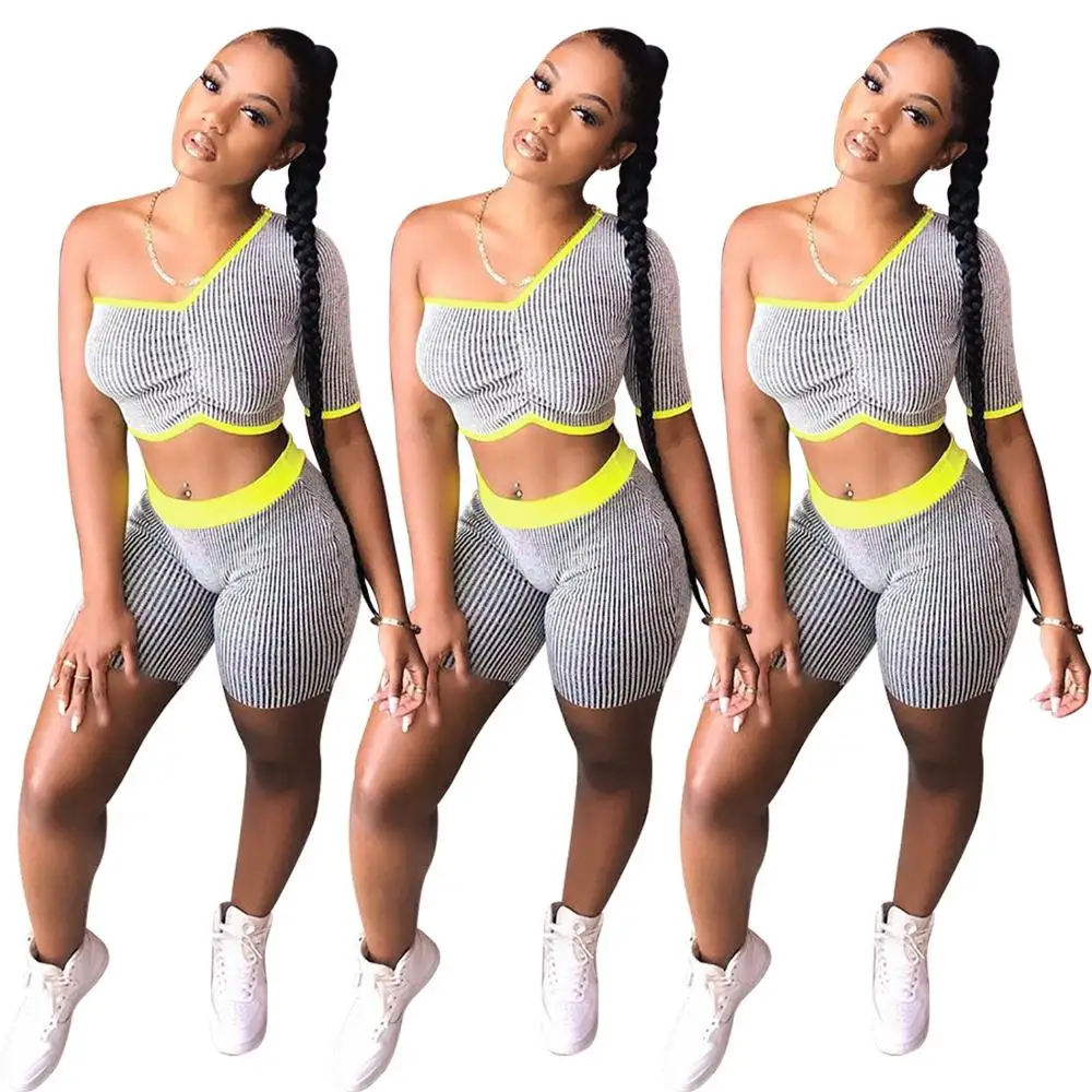 Casual stripe Two Piece One Shoulder Short Set | Женская одежда