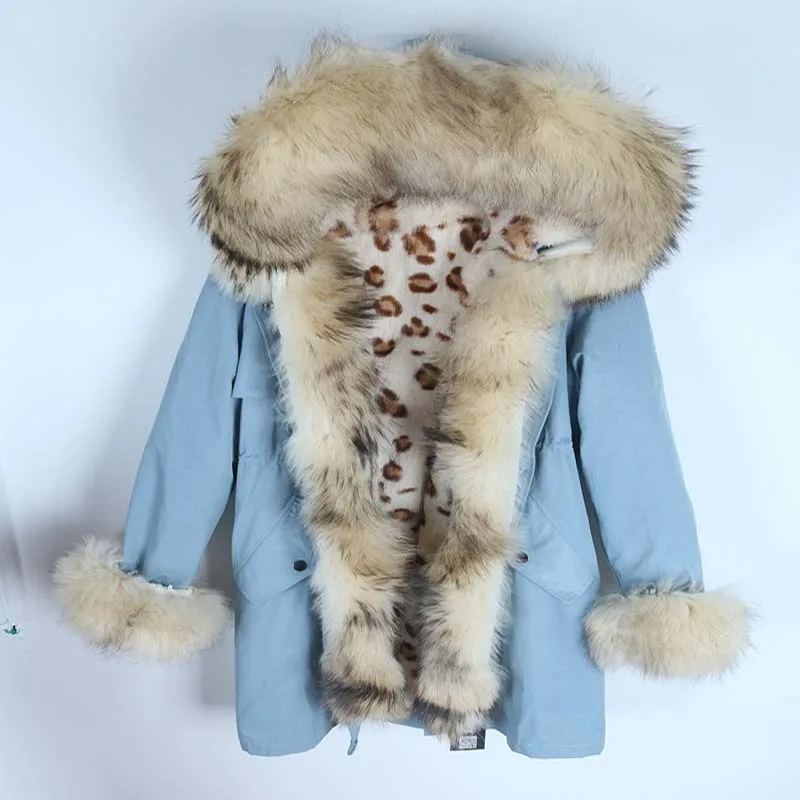 Rabbit Leopard Новая зимняя куртка женская красная лиса леопардовая кроличья меховая подкладка енота меховая парка натуральный Лисий меховой воротник верхняя одежда S-7XL - Цвет: Rabbit Leopard