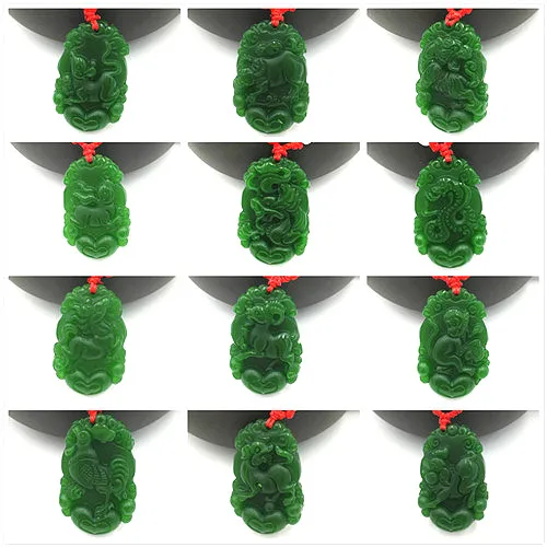 Натуральный зеленый нефрит Китайский Зодиак кулон ожерелье модное очарование