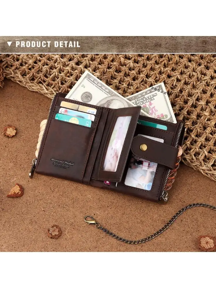 

Leather Wallet for Men with Anti Theft Chain RFID Blocking Hasp Bifold Coin Pock