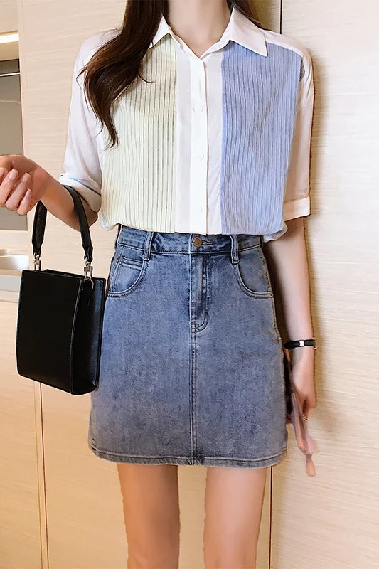 

Chiffon Loose Women's Shirts New Fashion Blouse Stripe Polo Shirt Summer Casual Short Sleeve Blusas Houthion