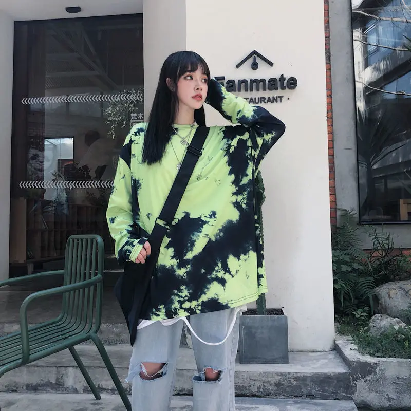 

2021 Women's Tie Dye Printed Sweatshirts Korean Style Autumn Round Neck Long Sleeve Loose Pullover Hoodie Coats Outerwear Y433
